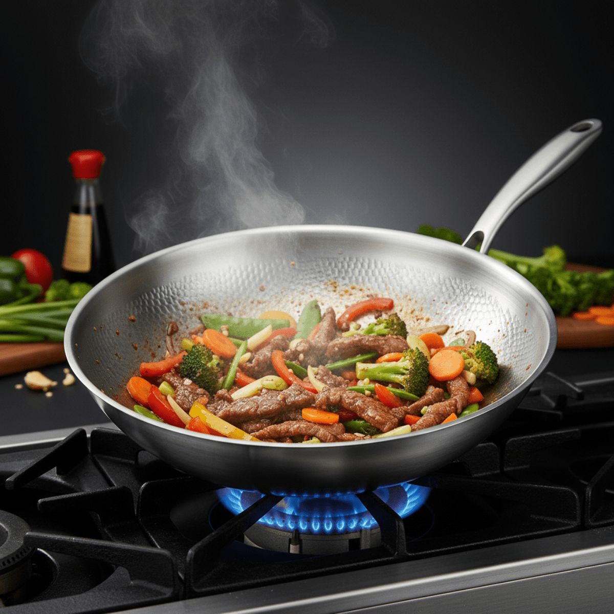 Käsintaottu titaaninen wokkipannu tasaisella pohjalla