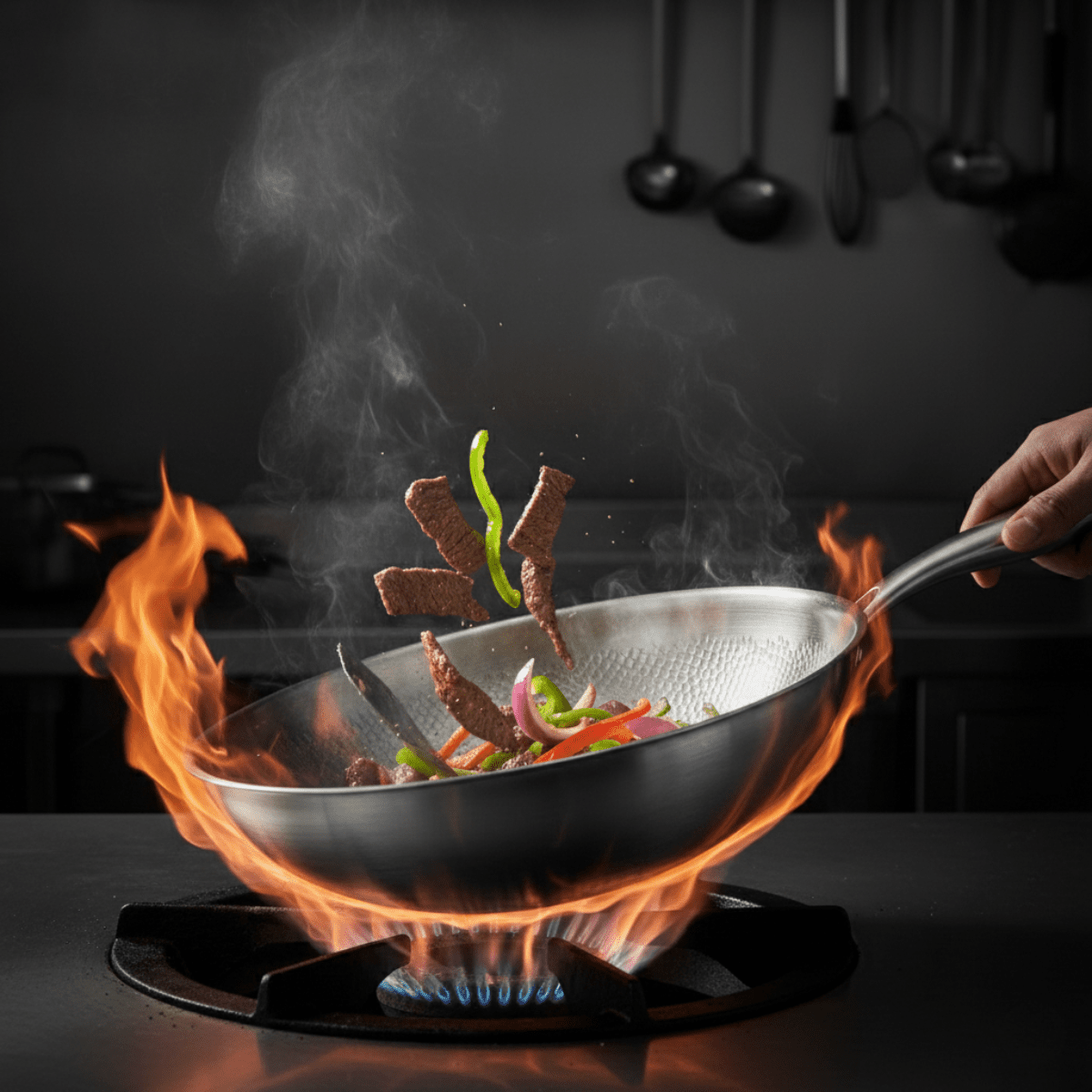 Käsintaottu titaaninen wokkipannu tasaisella pohjalla