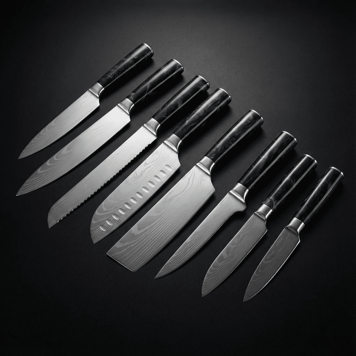 Japanilainen Premium Damascus 8-osainen Veitsisetti – Tarkkuuskokoelma