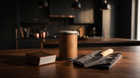 The Okura sharpening set on a walnut counter beside a Japanese knife