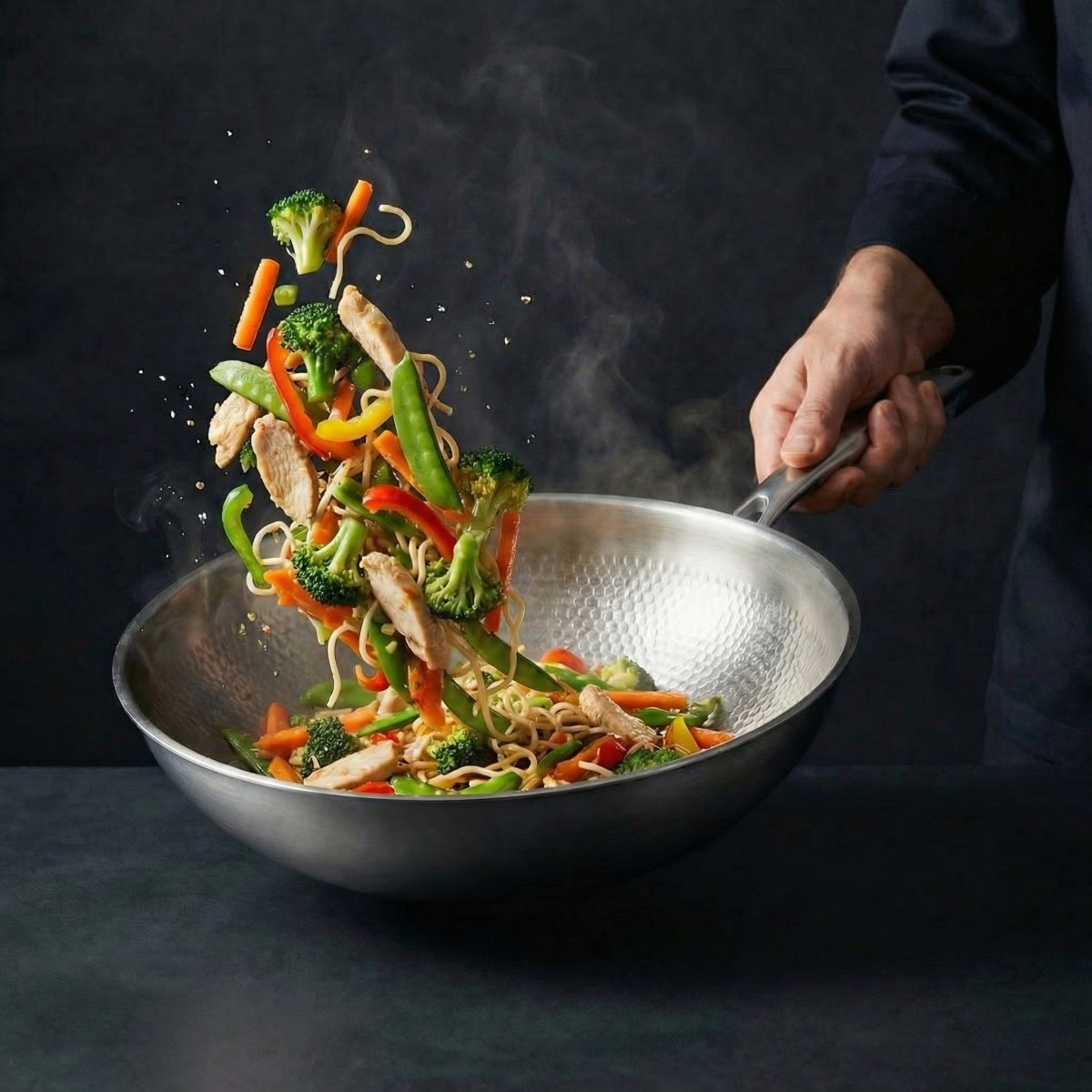 Käsintaottu titaaninen wokkipannu tasaisella pohjalla