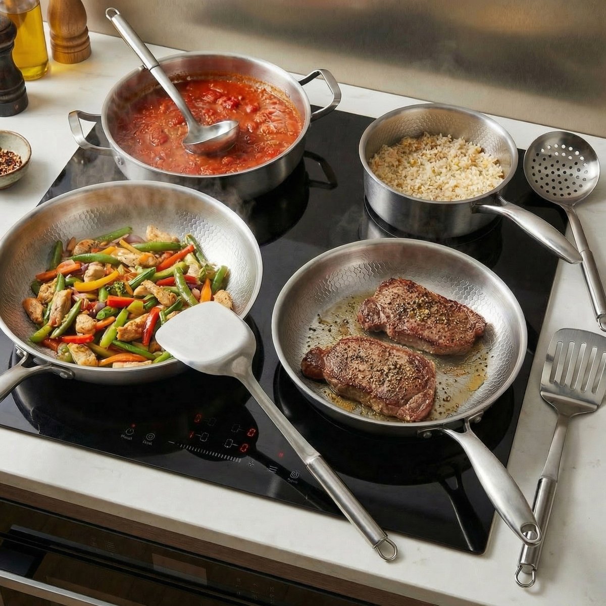 Käsintaottu titaaninen perhesetti: 4 pannua & keittiövälineet